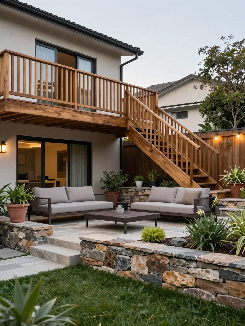 Image Prompt: A stylish slanted backyard with an upper wooden deck attached to the home and a lower garden lounge area, stone retaining walls, outdoor sofa, potted plants, warm string lights, layered backyard landscaping, realistic DSLR photo quality, no people, no watermarks on images.