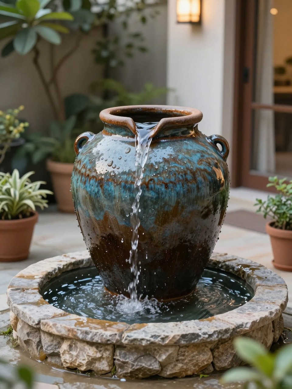 Image Prompt: A creative patio waterfall made from a large glazed ceramic garden pot, water gently spilling from the pot into a stone basin below, surrounding potted plants, soft outdoor lighting, cozy home patio setting, premium small-space water feature design, realistic DSLR photo quality, no people, no watermarks on images.