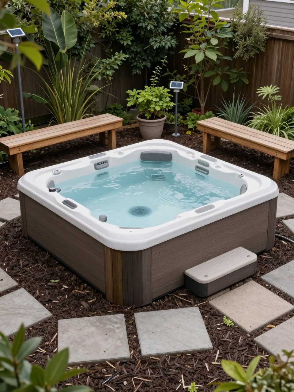 Image Prompt: A low-cost backyard hot tub patio with a hot tub surrounded by dark mulch and square stepping pavers, simple wood bench, solar stake lights, potted greenery, relaxed and practical outdoor setup, soft daylight, no people, realistic garden photo, no text, no watermarks on images.
