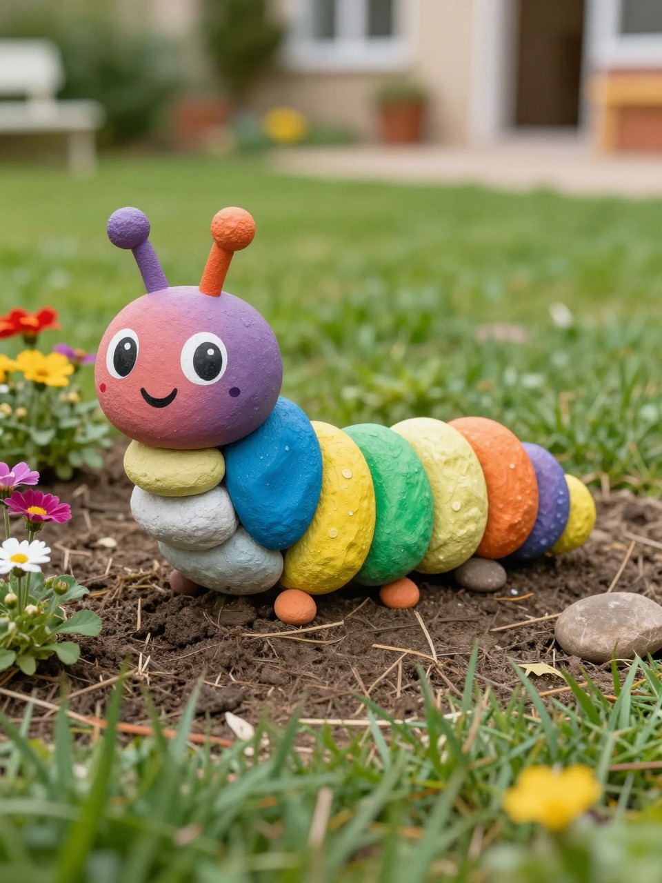 Image Prompt: A playful garden rock caterpillar made from rounded painted stones, bright friendly colors, small flower bed, school garden or family garden setting, cheerful outdoor craft decor, soft grass and blooms nearby, realistic DSLR photo quality, no people, no watermarks on images.