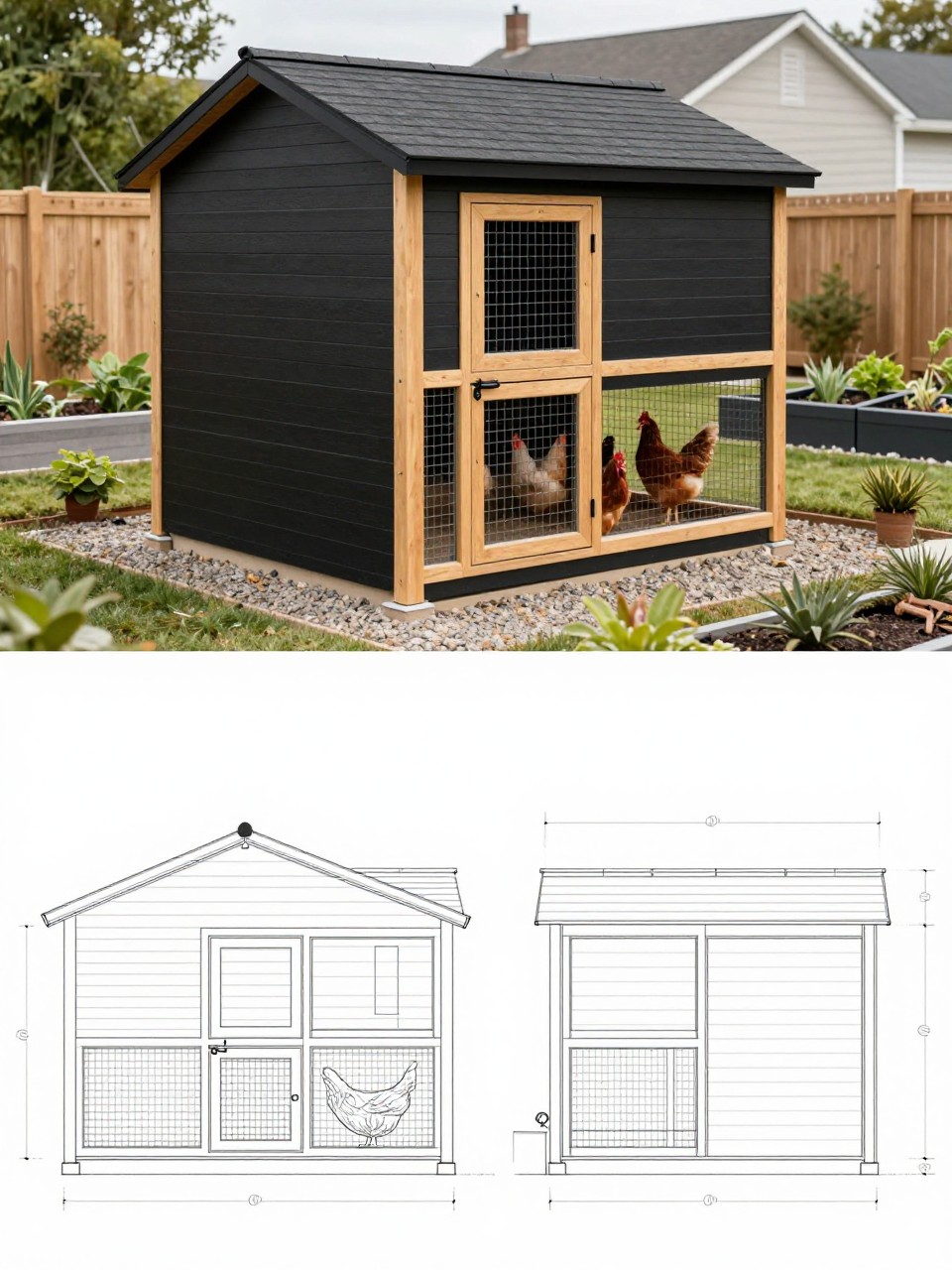 Image Prompt: A vertical 2-collage image. The top half shows a realistic large modern chicken coop with matte black siding, cedar trim, tall wire run, clean rectangular shape, sloped roof, full-height door, gravel base, chickens inside, modern raised garden beds, privacy fence, and simple landscaping around it. The bottom half shows the matching modern coop plan with clean blueprint lines, front view, side view, top layout, roof angle, run dimensions, nesting box placement, roosting area, and storage section if visible. The finished coop and plan should clearly match. Stylish, realistic, editorial backyard design, no people, no text, (no watermarks on images).