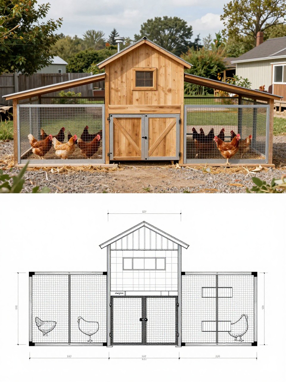 Image Prompt: A vertical 2-collage image. The top half shows a realistic large chicken coop with two separate secure wire runs, one on each side of the main hen house, natural wood siding, central walk-in coop door, pitched roof, chickens in both run areas, gravel and straw flooring, and a spacious backyard homestead setting. The bottom half shows the matching blueprint-style plan with central coop room, two run layouts, gate locations, nesting box placement, roosting bar placement, dimensions, and simple construction drawings. The top and bottom sections should clearly match. Practical, large-flock design, no people, no text, (no watermarks on images).