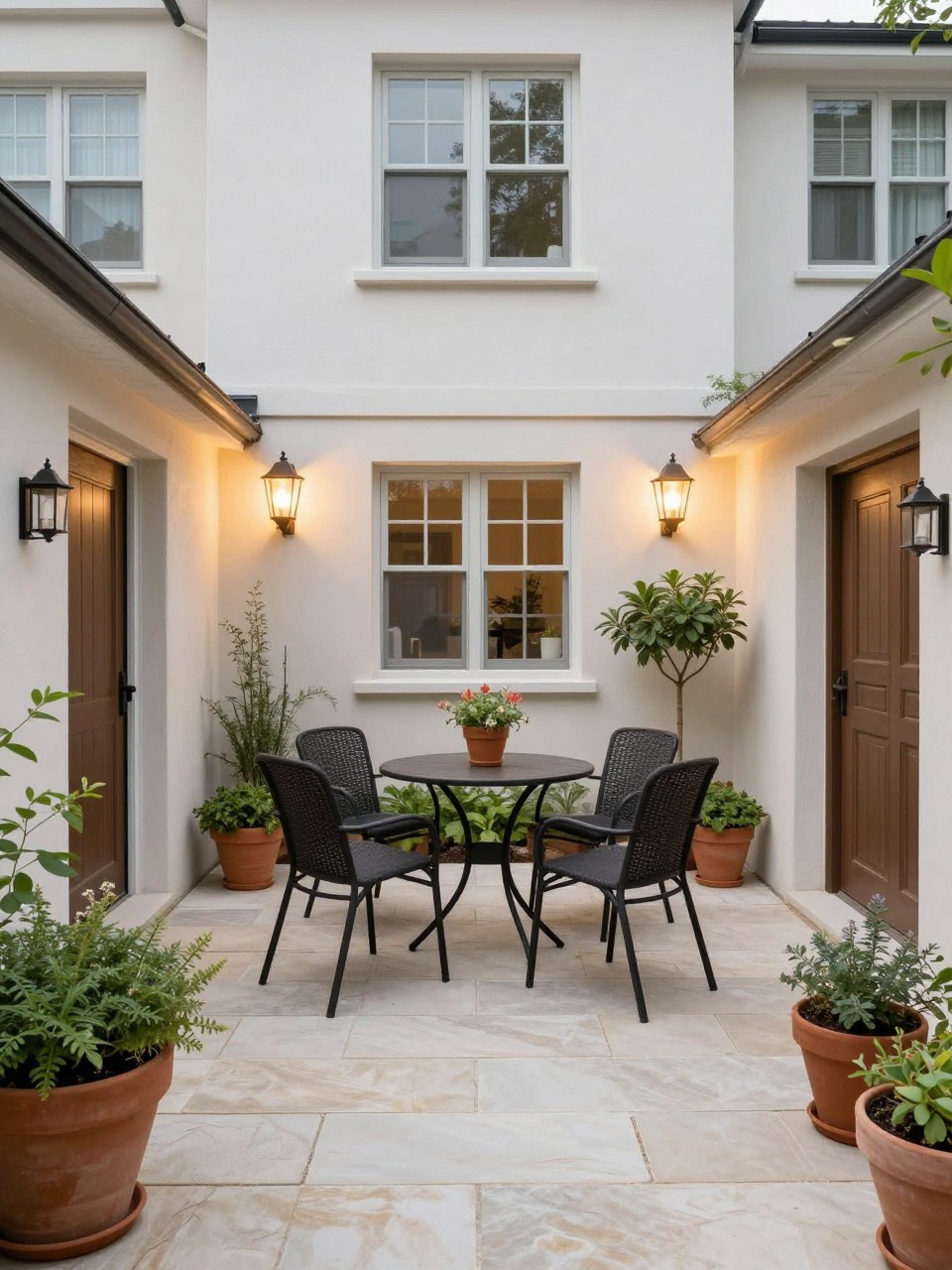 Image Prompt: A stylish townhome backyard with a small outdoor dining table, two to four bistro chairs, pale stone patio floor, terracotta pots, herbs, warm wall lights, narrow garden layout, charming compact backyard design, realistic DSLR photo quality, no people, no watermarks on images.