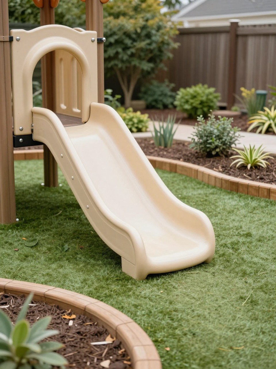 Image Prompt: A toddler-friendly backyard play garden with low slide, small play tunnel, soft turf, rounded wooden edging, sensory plants nearby, gentle colors, safe and charming outdoor play space, realistic DSLR photo quality, no people, no watermarks on images.