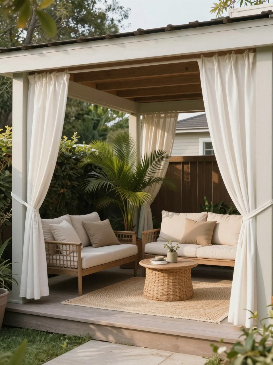 Image Prompt: A soft and stylish under deck patio with white outdoor curtains hanging between deck posts, cozy seating area with beige cushions, woven rug, small side table, potted palms, warm filtered daylight, private shaded backyard retreat, no people, realistic home and garden magazine photo, no text, no watermarks on images.