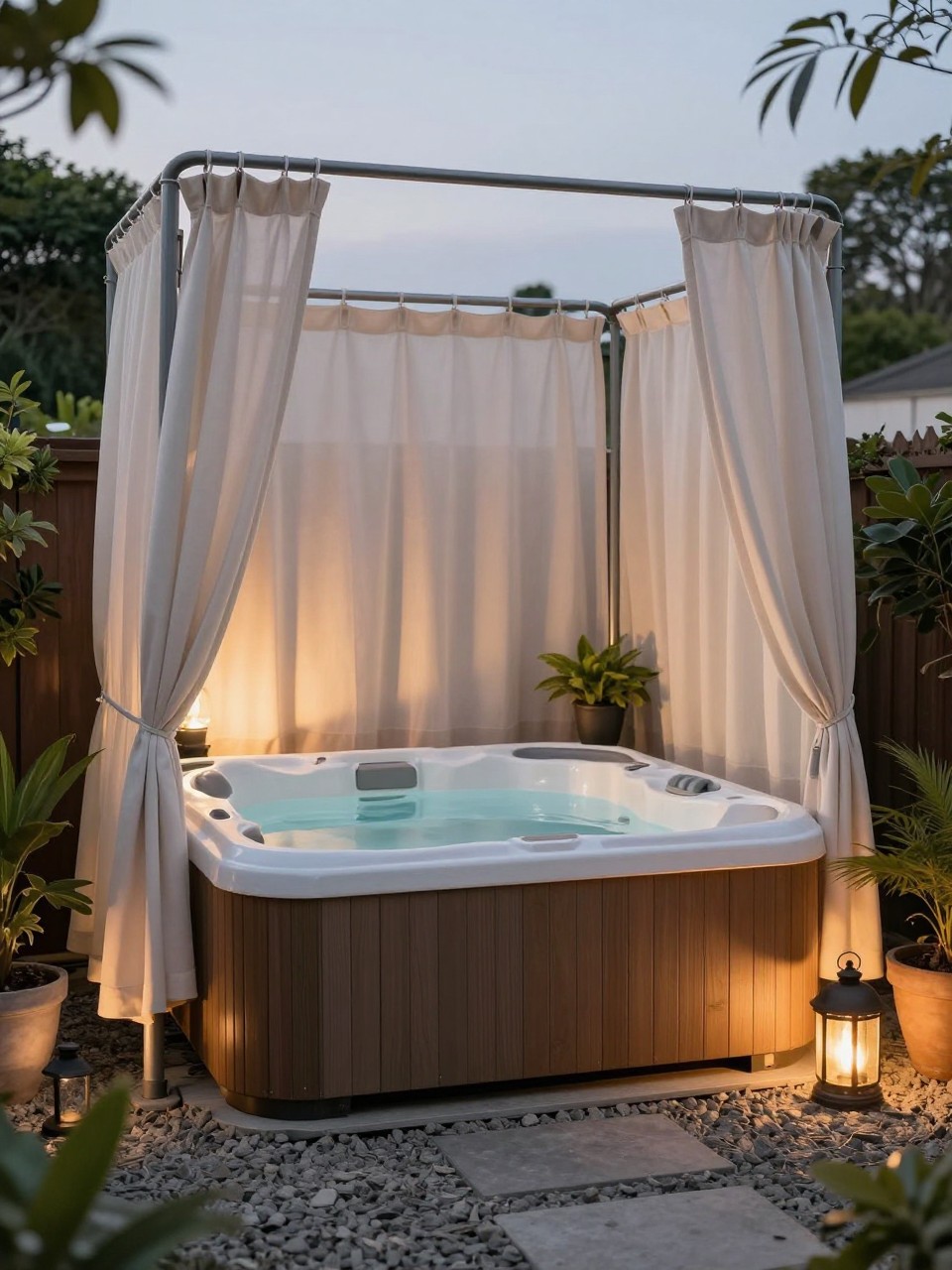 Image Prompt: A lovely budget hot tub nook with a simple hot tub framed by lightweight outdoor curtains on slim posts, gravel ground, lanterns, potted greenery, warm evening lighting, private cozy backyard retreat, no people, realistic DSLR image, no text, no watermarks on images.