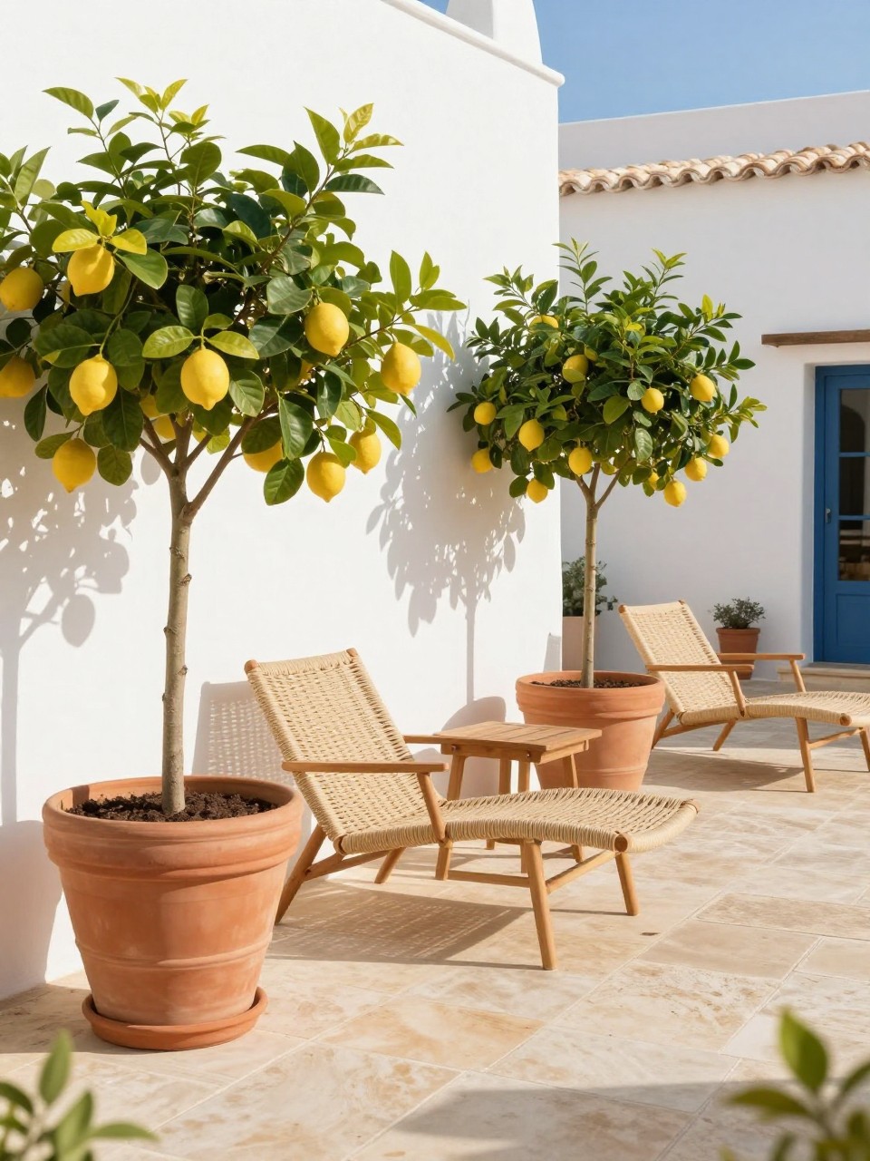 Image Prompt: A fresh Mediterranean patio with large terracotta pots holding lemon trees, light stone flooring, white stucco wall, simple woven lounge chairs, small wooden side table, warm bright sunlight, cheerful garden patio mood, no people, realistic DSLR image, no text, no watermarks on images.