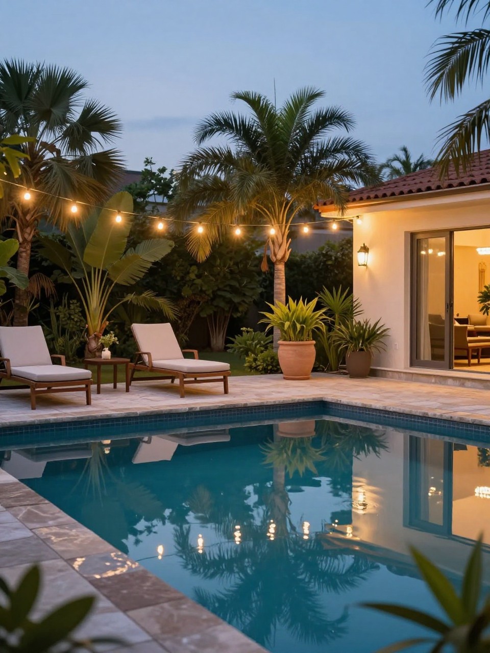 Image Prompt: A beautiful backyard poolside area with warm string lights hanging above lounge chairs, stone pool surround, large planters, tropical greenery, calm evening reflections on the water, resort-inspired home backyard design, realistic DSLR photo quality, no people, no watermarks on images.