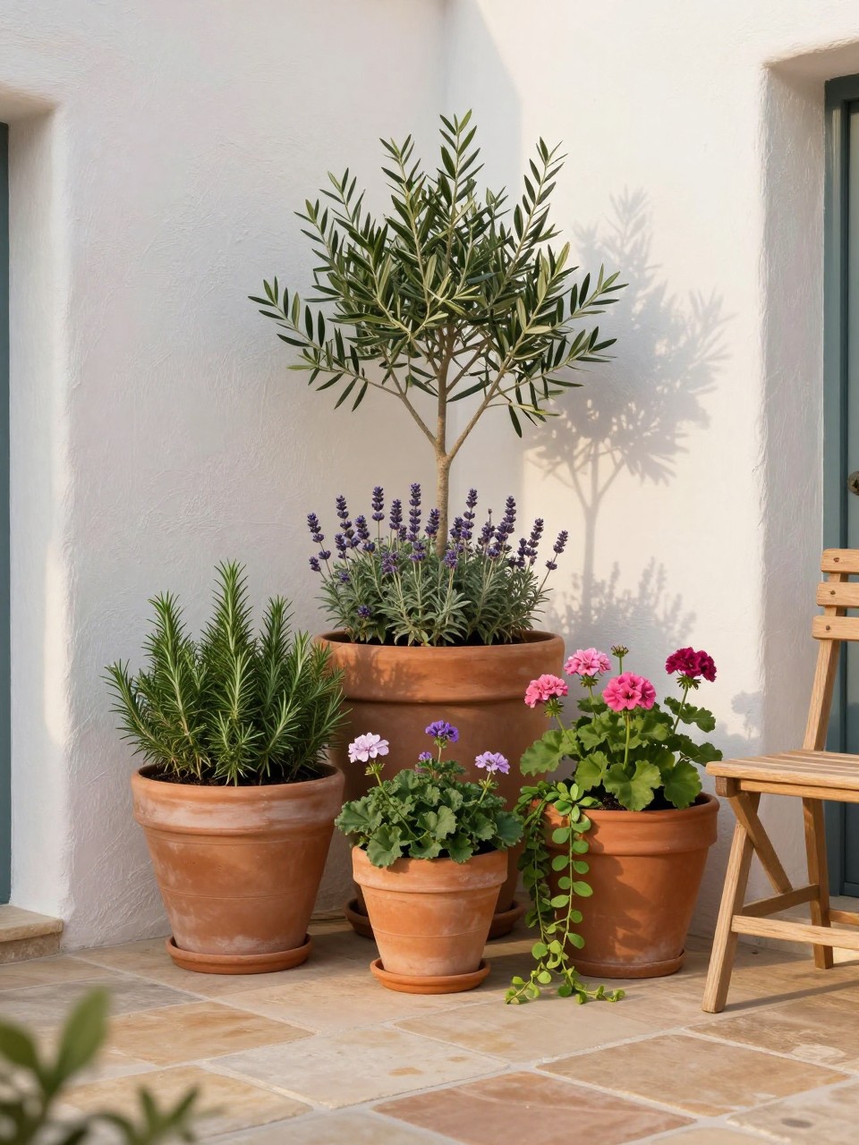 Image Prompt: A stylish patio corner with a layered cluster of terracotta pots in different sizes, filled with rosemary, lavender, olive sapling, geraniums, and trailing greenery, warm stone patio floor, simple wooden chair nearby, white stucco wall, soft golden hour light, Mediterranean garden feel, no people, realistic DSLR photo, editorial home and garden style, high detail, no text, no watermarks on images.