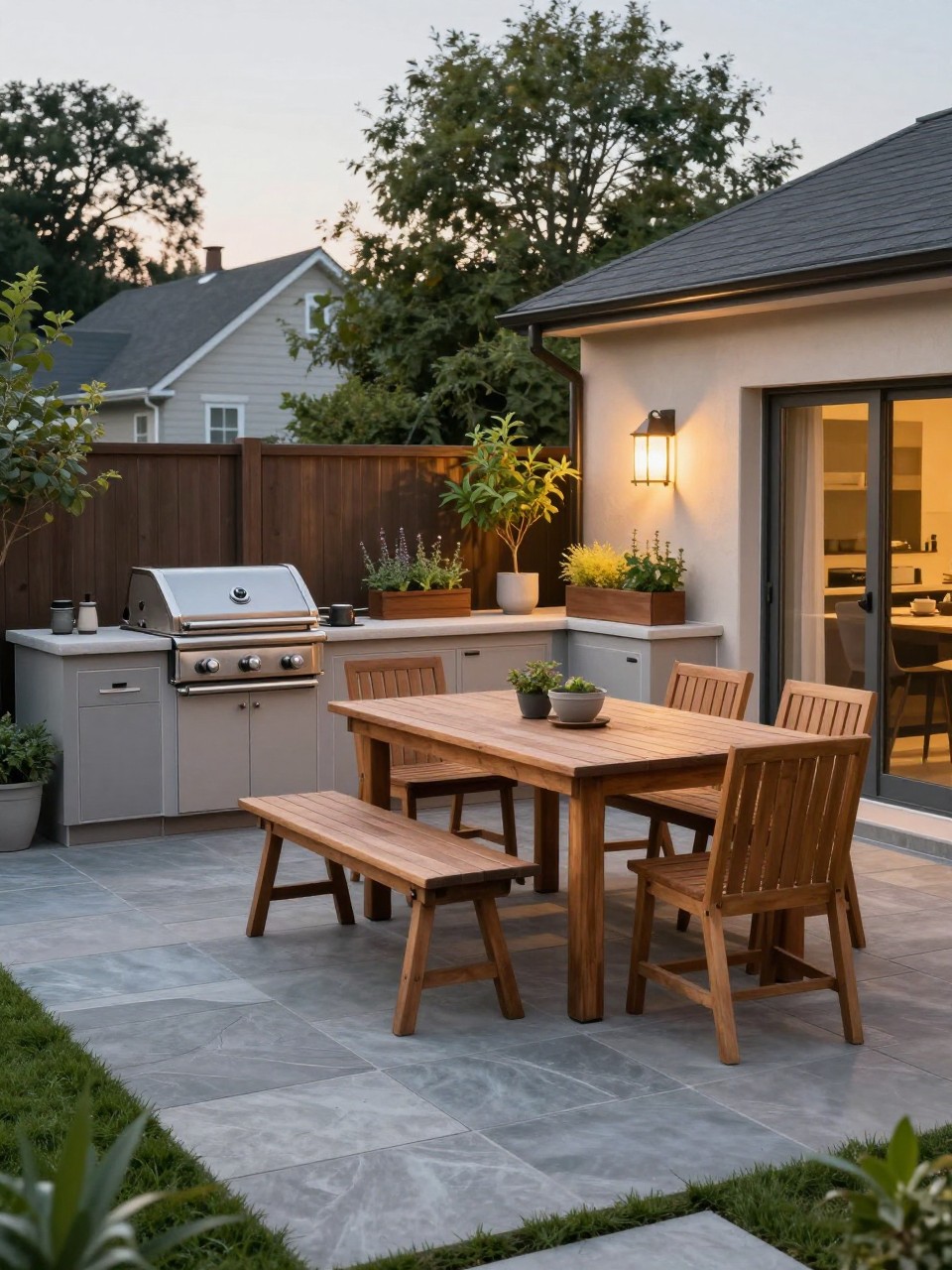 Image Prompt: A premium no grass backyard with an outdoor kitchen, stone patio floor, wooden dining table, built-in grill area, herb planters, warm lighting, stylish backyard entertaining design, realistic DSLR photo quality, no people, no watermarks on images.