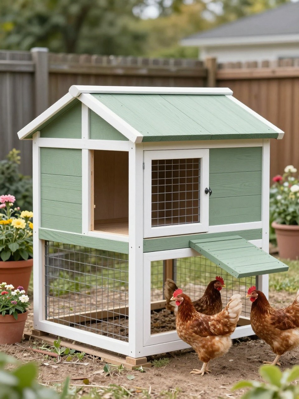 A realistic affordable chicken coop built from simple basic lumber, painted a soft sage green with white trim, sloped roof, side nesting box, attached wire run, small ramp, hens nearby, flower pots and garden edging around the coop, cheerful budget-friendly backyard style, bright natural light, no people, no text, (no watermarks on images).