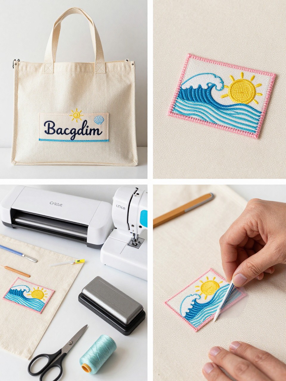 A realistic editorial 2x2 collage grid showing a Cricut custom beach bag name patch, top-left finished canvas beach bag with a fabric patch decorated with heat-transfer vinyl name, wave, shell, and sun icons, top-right close-up of stitched patch and clean HTV edges, bottom-left flat lay of canvas patch fabric, HTV, Cricut machine, sewing machine, weeding tool, mini heat press, scissors, and thread, bottom-right cropped hands pressing vinyl onto a fabric patch, beach prep craft setup, no faces, no text except simple name label, no watermark on images.
