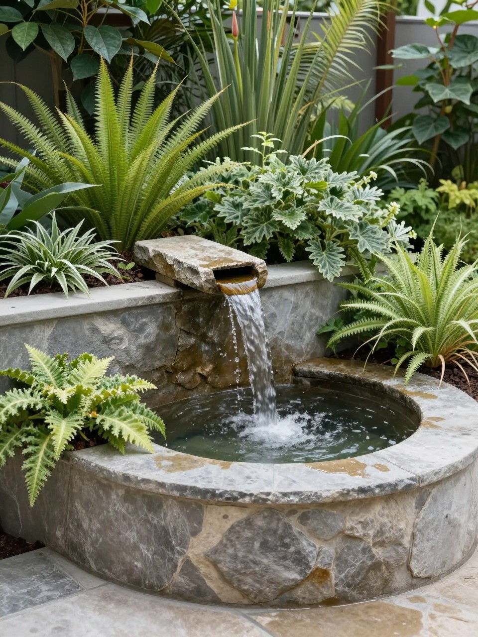Image Prompt: A creative garden waterfall built into a raised planter bed, water flowing from a small stone spout into a lower basin, lush plants spilling over the planter edge, modern rustic garden design, realistic DSLR photo quality, no people, no watermarks on images.
