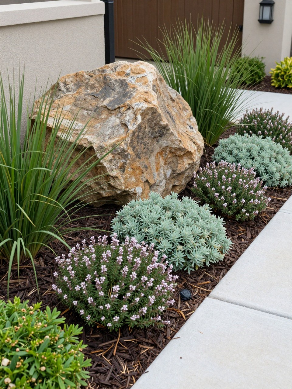 Image Prompt: A stylish front yard landscape with a large boulder accent surrounded by low-growing plants, creeping thyme, sedum, ornamental grasses, mulch, clean walkway, elegant curb appeal design, realistic DSLR photo quality, no people, no watermarks on images.