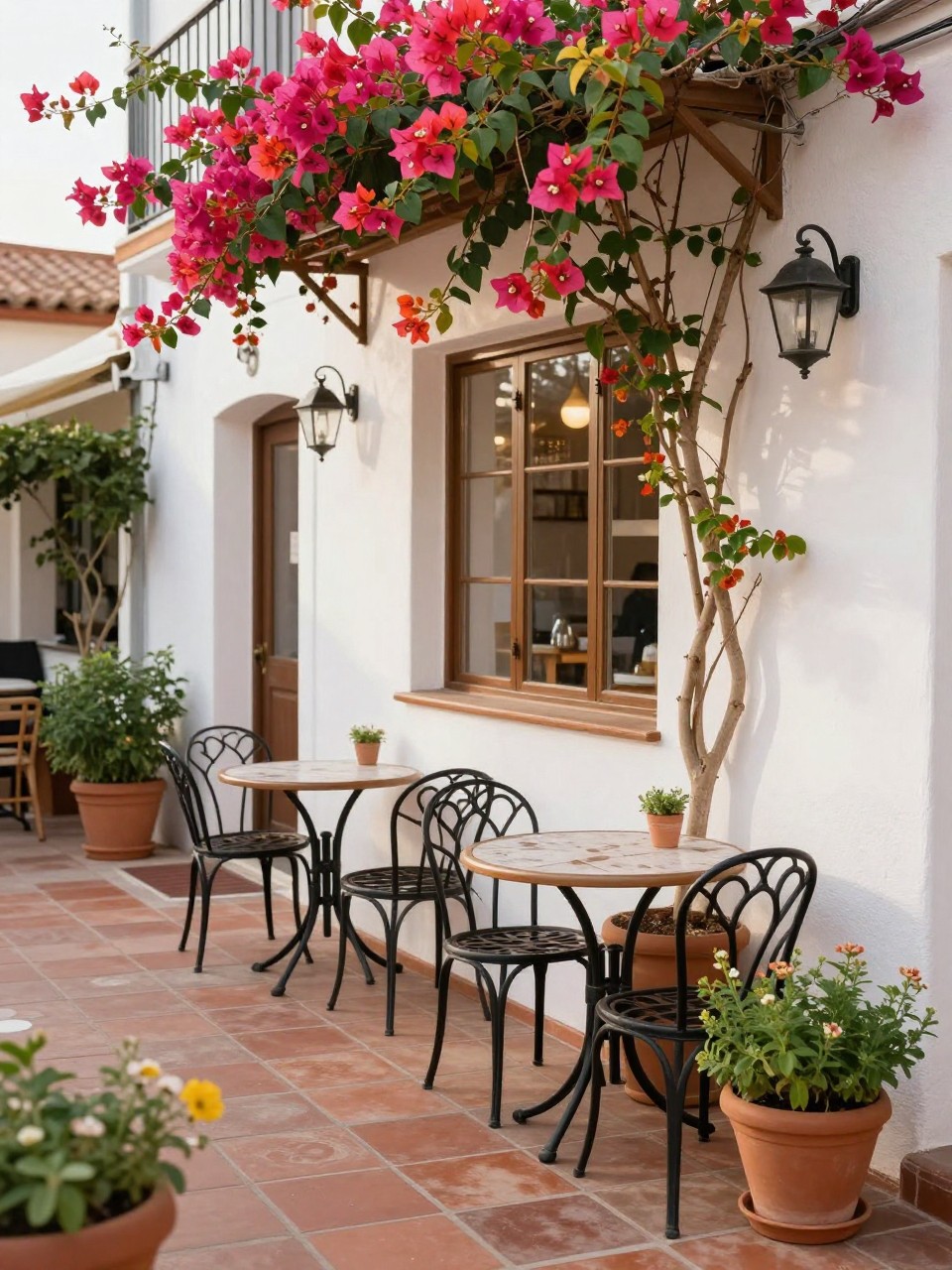 Image Prompt: A charming Mediterranean bistro patio with black wrought iron table and chairs, terracotta tile floor, potted herbs, white exterior wall, climbing bougainvillea, small lantern, warm morning light, cozy European outdoor nook, no people, realistic DSLR photo, no text, no watermarks on images.