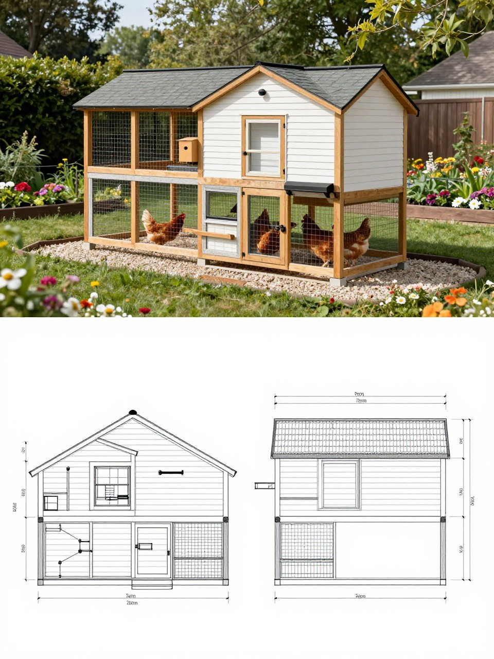 Image Prompt: A vertical 2-collage image. The top half shows a realistic large luxury chicken coop in a landscaped backyard, white siding, cedar trim, black hardware, tall covered wire run, pitched roof, exterior nesting boxes, gravel path, flower borders, raised garden beds, and chickens inside, elegant homestead garden setting. The bottom half shows the matching luxury coop plan with front and side elevations, floor plan, run dimensions, trim details, nesting box placement, roosting area, storage area, roof framing, and clean blueprint-style construction lines. The finished coop and plan should clearly match. Beautiful but practical backyard design, no people, no text, (no watermarks on images).