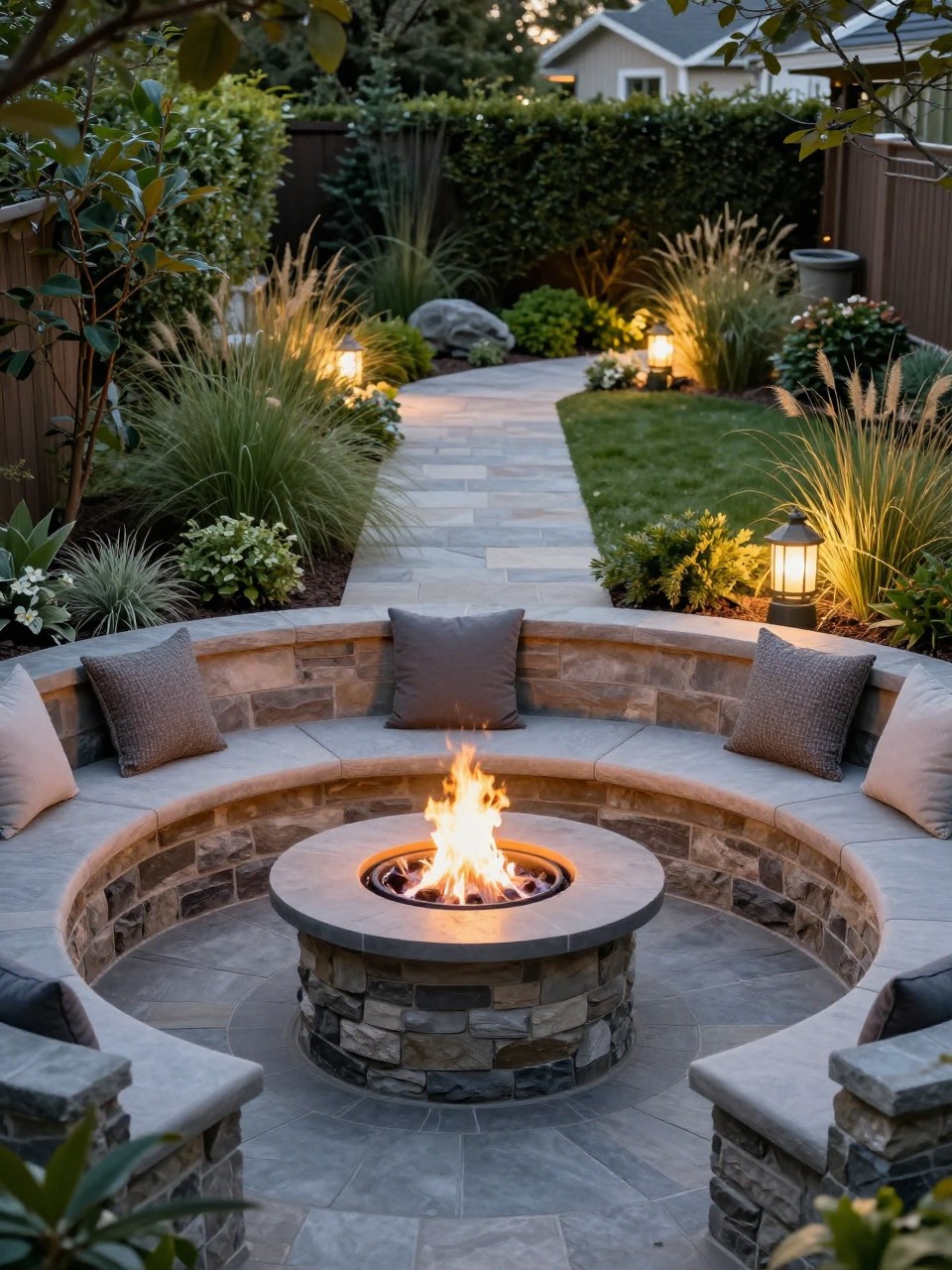 Image Prompt: A stylish two level garden with a lower fire pit seating area, circular stone patio, built-in benches, upper garden path with soft planting, ornamental grasses, shrubs, warm evening light, premium cozy backyard design, realistic DSLR photo quality, no people, no watermarks on images.