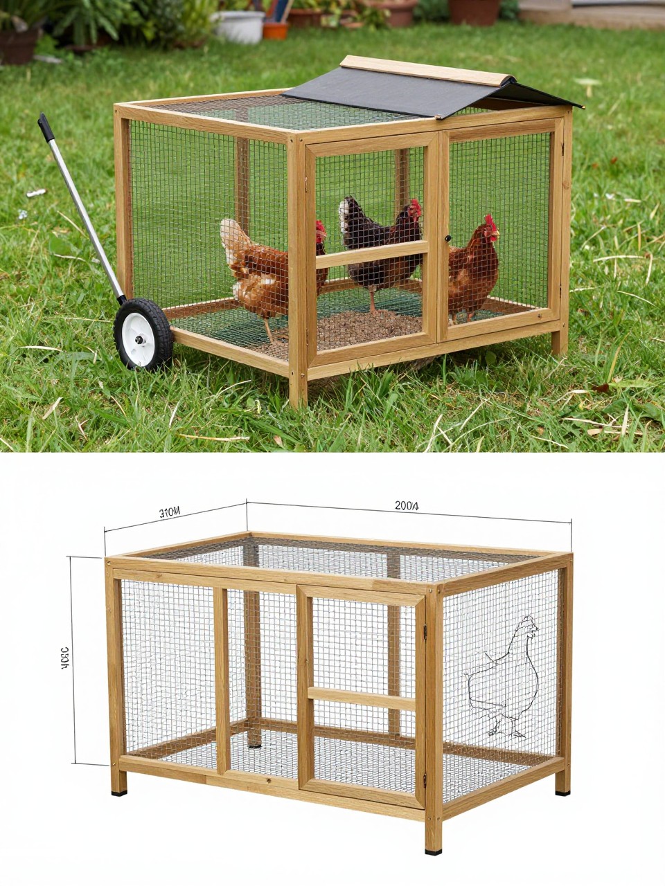 Image Prompt: A vertical 2-collage image. The top half shows a realistic mobile chicken tractor coop on a green lawn, lightweight wooden frame, wire mesh body, wheels on one side, handle on the other, and a covered nesting area for a few hens. The bottom half shows the matching tractor coop plan with wheel placement, frame layout, run dimensions, and side view drawings in a neat blueprint-style sheet. The top and bottom should clearly show the same coop design. Realistic and practical, no people, no watermark.