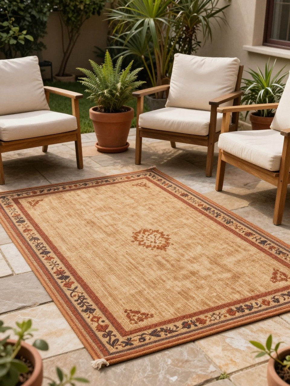 Image Prompt: A garden patio with an earth-toned outdoor rug in tan, rust, and muted brown shades, wooden chairs with cream cushions, terracotta pots, leafy plants, stone pavers, warm afternoon light, natural cozy backyard garden style, no people, realistic DSLR image, no text, no watermarks on images.