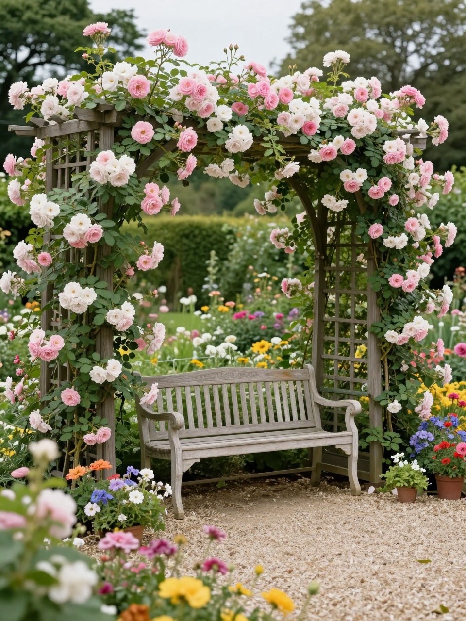 Image Prompt: A romantic garden seating area with trellis panels covered in climbing roses, soft pink and white blooms, vintage garden bench, gravel path, layered cottage flowers, charming and elegant outdoor setting, realistic DSLR photo quality, no people, no watermarks on images.