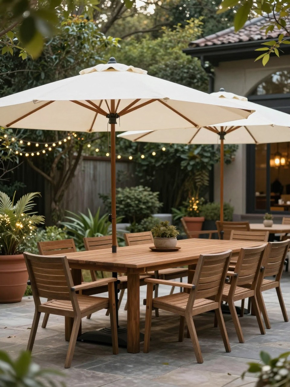 Image Prompt: A beautiful backyard patio with two matching cream patio umbrellas shading a long outdoor dining table, wooden table with eight chairs, stone floor, potted greenery, warm string lights nearby, polished outdoor entertaining space, no people, realistic DSLR image, no text, no watermarks on images.