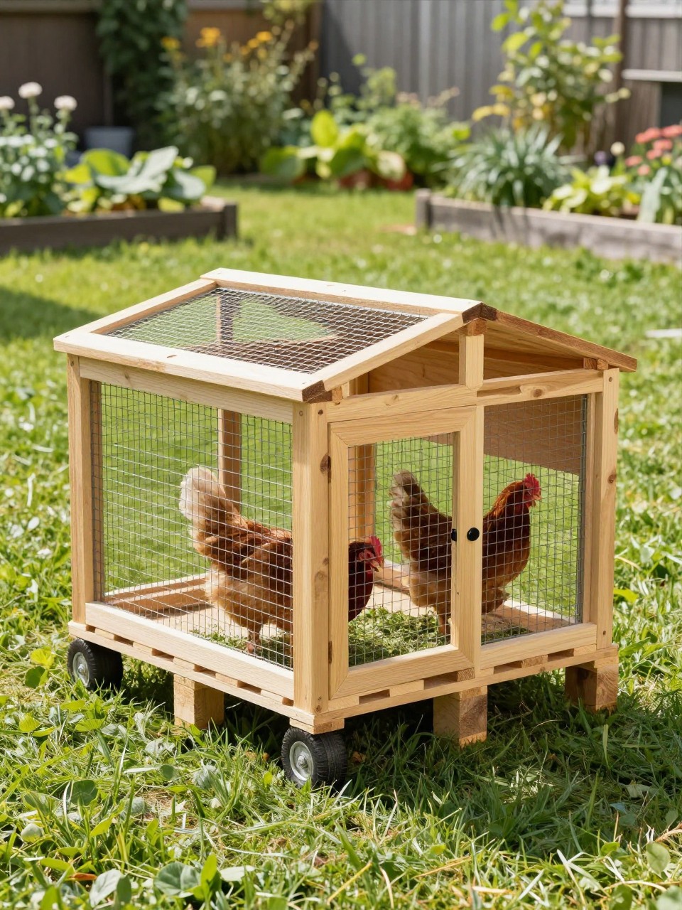 Image Prompt: A mobile pallet chicken tractor coop on a green backyard lawn, lightweight reclaimed pallet wood frame, two small wheels, wire mesh run, covered sleeping box at one end, simple pull handle, chickens pecking grass inside, sunny backyard with garden beds in the distance, practical movable DIY coop design, no people, no text, no watermark.