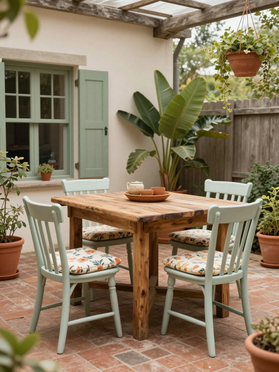 Image Prompt: A stylish vintage patio dining area with a rustic wooden table and mismatched chairs in soft painted finishes, floral cushions, clay pots, hanging plants, brick patio floor, warm relaxed backyard gathering space, no people, realistic DSLR image, no text, no watermarks on images.