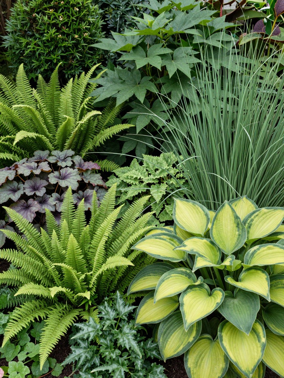 Image Prompt: A lush shady garden made with layered green foliage, ferns, hostas, heuchera, hakone grass, ivy, small shrubs, deep green and lime green leaf tones, premium texture-focused garden design, soft filtered daylight, realistic DSLR photo quality, no people, no watermarks on images.