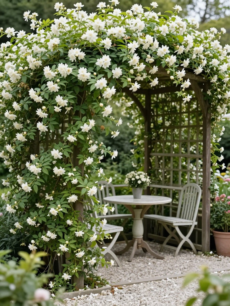 Image Prompt: A beautiful garden trellis screen covered with climbing jasmine, small patio seating area, white fragrant flowers, lush green leaves, gravel path, soft romantic garden styling, elegant and fresh outdoor space, realistic DSLR photo quality, no people, no watermarks on images.