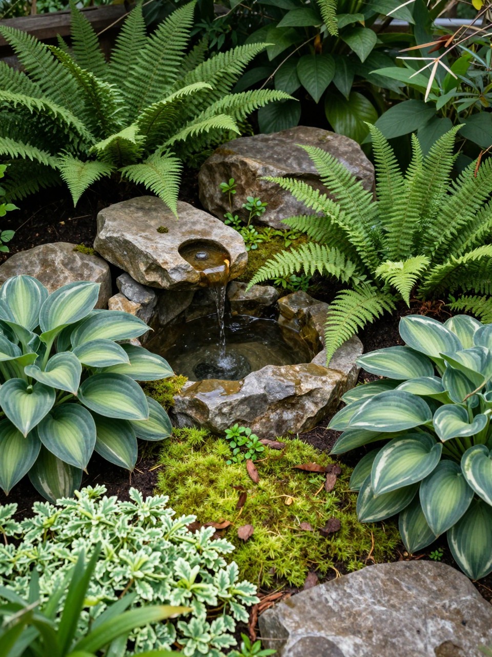 Image Prompt: A beautiful shady garden with a small stone water feature, surrounding ferns, hostas, moss, soft ground cover, natural rocks, peaceful woodland-style setting, calm premium outdoor design, realistic DSLR photo quality, no people, no watermarks on images.