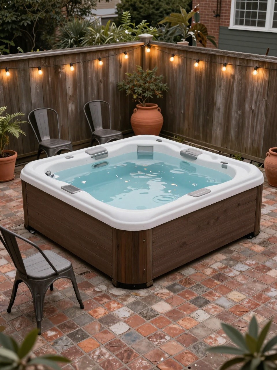 Image Prompt: A charming budget hot tub patio made with reused brick flooring, simple square hot tub, two vintage metal chairs, clay pots, soft string lights, rustic and affordable backyard design, no people, realistic DSLR image, no text, no watermarks on images.
