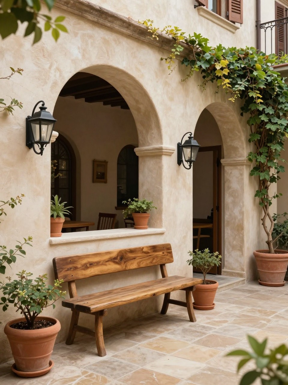 Image Prompt: A stylish European patio with arched stucco openings, stone floor, rustic wooden bench, black iron wall lanterns, terracotta pots, climbing ivy, warm natural light, elegant old-world courtyard design, no people, realistic DSLR photo, no text, no watermarks on images.