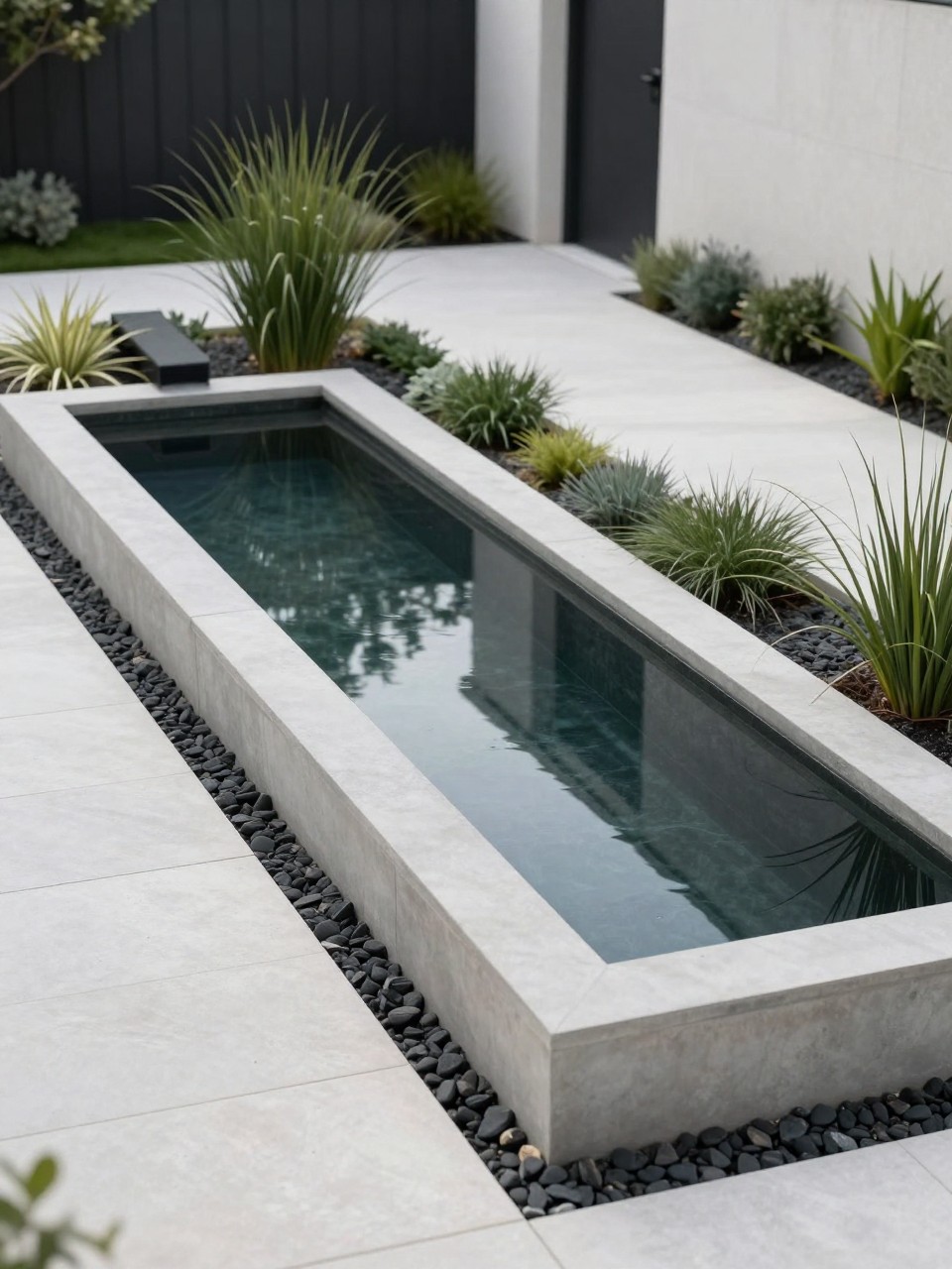 Image Prompt: A sleek modern garden pond with a rectangular shape, smooth concrete edges, dark reflective water, minimalist planting, ornamental grasses, pale stone paving, black outdoor accents, premium contemporary backyard design, realistic DSLR photo quality, no people, no watermarks on images.