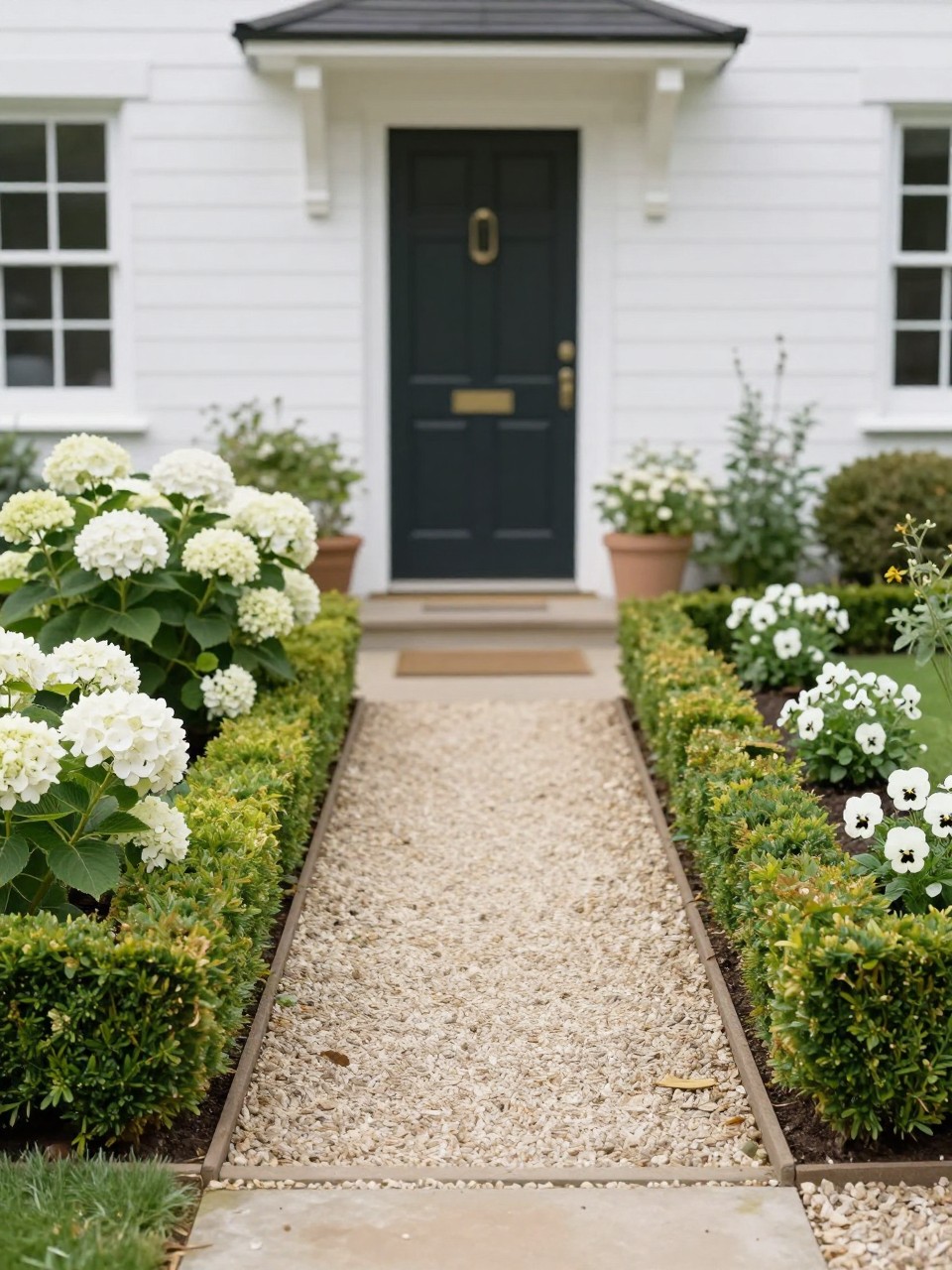 Image Prompt: A tiny but elegant front garden with a low boxwood border framing a small flower bed, white hydrangeas, white pansies, neat gravel path, classic home entrance, soft green and white color palette, premium curb appeal styling, realistic DSLR photo quality, no people, no watermarks on images.