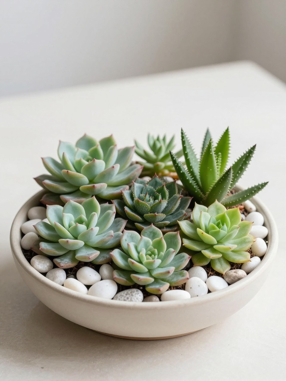 Image Prompt: A beautiful shallow ceramic dish garden filled with mixed succulents, echeveria, sedum, haworthia, smooth white pebbles, tiny natural stones, soft neutral tabletop styling, bright indirect light, premium modern indoor garden design, realistic DSLR photo quality, no people, no watermarks on images.
