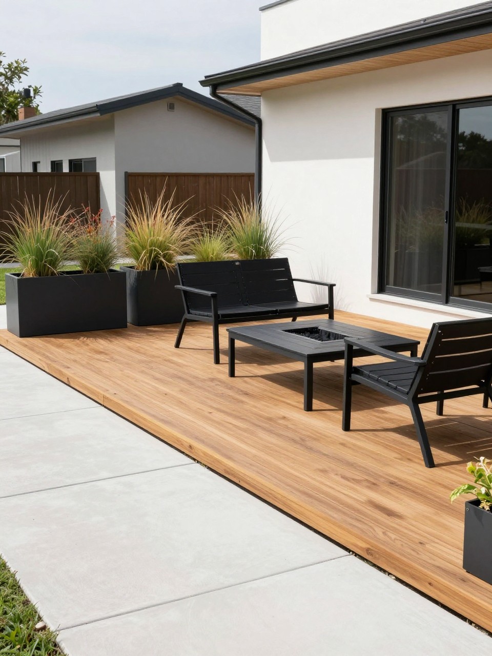 Image Prompt: A sleek modern backyard with a warm wood deck connected to a smooth concrete patio, black metal outdoor furniture, low rectangular fire table, large planters with ornamental grasses, clean house exterior, simple straight lines, bright natural daylight, no people, photorealistic DSLR image, no text, no watermarks on images.