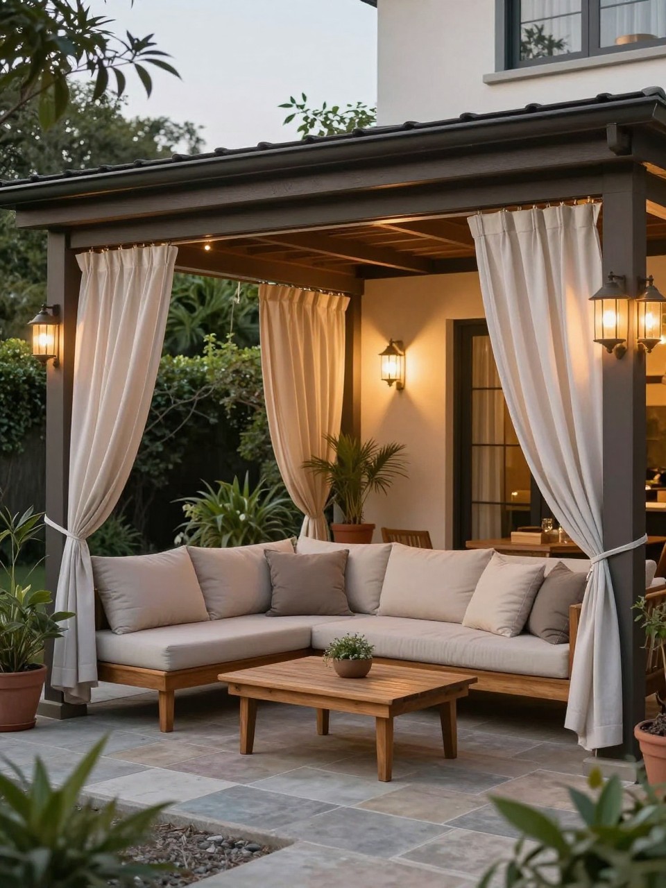 Image Prompt: A covered patio roof attached to the house with soft outdoor curtains hung between the support posts, cozy outdoor sectional, neutral cushions, wooden coffee table, stone floor, potted plants, warm string lights, private and elegant backyard lounge, no people, realistic DSLR image, no text, no watermarks on images.