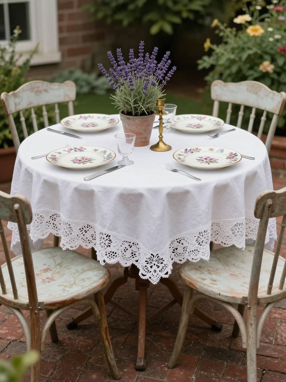 Image Prompt: A romantic vintage patio dining setup with a round table covered in a white lace tablecloth, mismatched chairs, floral china-style plates, potted lavender, old brass candle holders, brick patio floor, soft afternoon light, charming outdoor tea party mood, no people, realistic DSLR photo, no text, no watermarks on images.