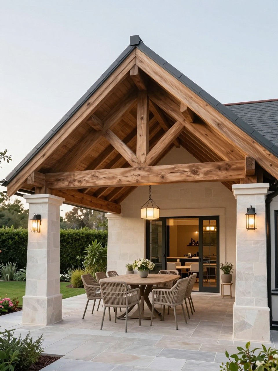 Image Prompt: A stunning patio roof attached to the house with a gable design, high peaked ceiling, exposed wooden beams, stone patio floor, outdoor dining table, woven chairs, soft pendant lighting, green backyard view, elegant covered outdoor living space, no people, realistic DSLR image, no text, no watermarks on images.