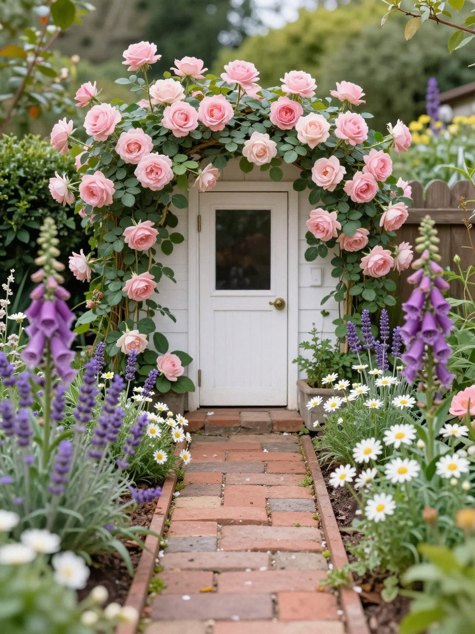 Image Prompt: A tiny cottage-style front garden with a narrow flower strip along a walkway, soft pink roses, lavender, daisies, foxgloves, brick path, charming home entrance, romantic compact garden styling, realistic DSLR photo quality, no people, no watermarks on images.