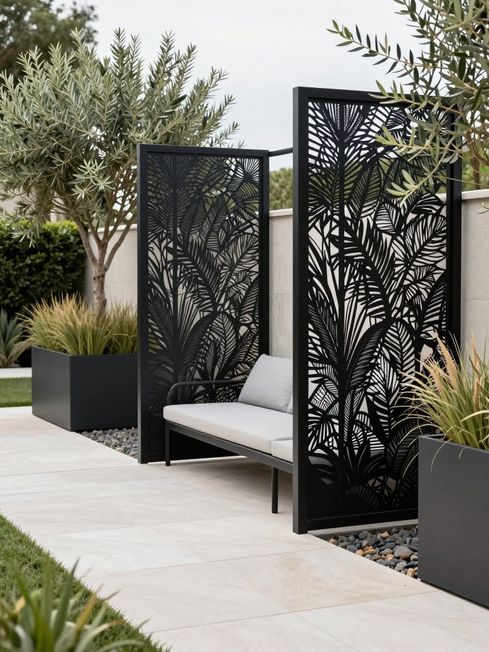 Image Prompt: A premium modern garden with black decorative metal privacy screens, laser-cut botanical pattern, sleek outdoor seating, pale stone paving, olive trees in large planters, soft grasses, elegant contemporary outdoor styling, realistic DSLR photo quality, no people, no watermarks on images.