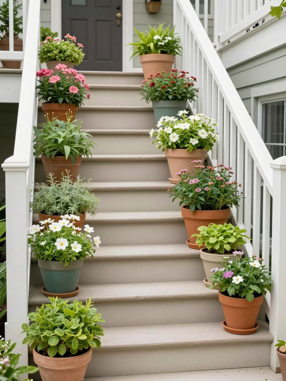 Image Prompt: A lovely home garden staircase lined with tiered potted plants, a mix of flowering plants and leafy greens in coordinated garden pots, charming and layered styling, elegant outdoor home setting, realistic DSLR photo quality, no people, no watermarks on images.