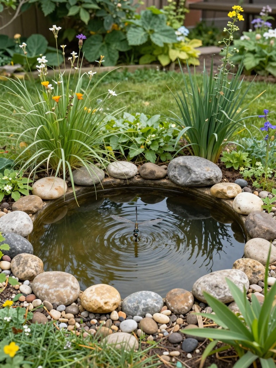 Image Prompt: A natural DIY wildlife pond in a backyard garden, shallow pebble edges, native plants, wildflowers, grasses, small stones, dragonflies above the water, soft eco-friendly garden setting, realistic DSLR photo quality, no people, no watermarks on images.