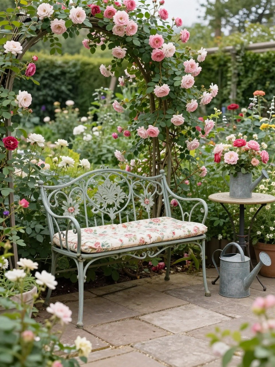 Image Prompt: A charming vintage garden patio with an antique-style metal bench, soft floral cushion, stone paver floor, overflowing flower beds, climbing roses, small side table, old watering can used as decor, dreamy cottage garden atmosphere, no people, realistic DSLR garden photo, no text, no watermarks on images.