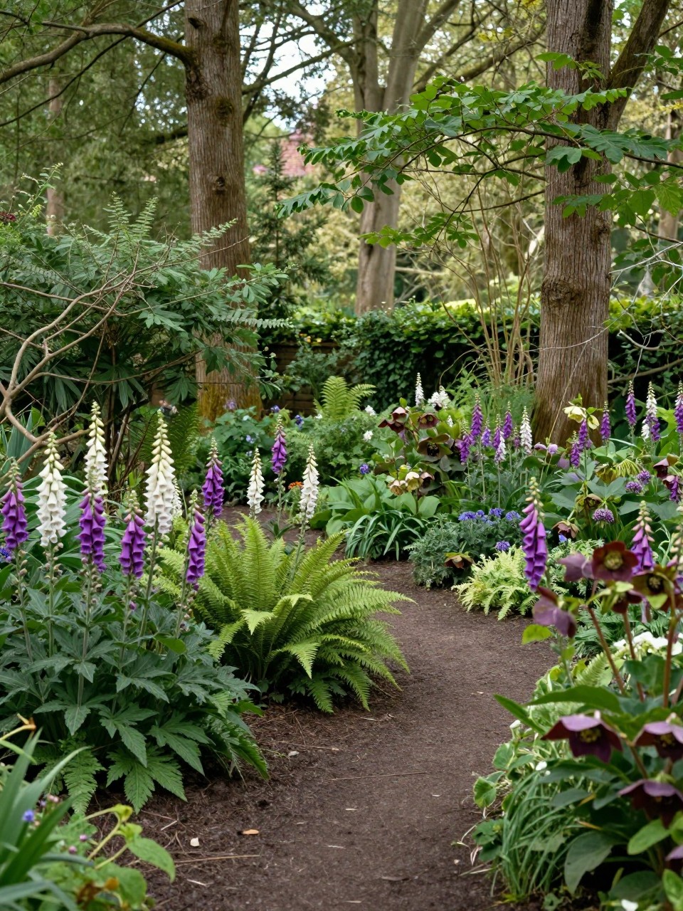Image Prompt: A dreamy shady woodland flower garden with foxgloves, hellebores, ferns, soft ground cover, tall trees, natural path, cottage woodland garden style, gentle filtered sunlight, realistic DSLR photo quality, no people, no watermarks on images.