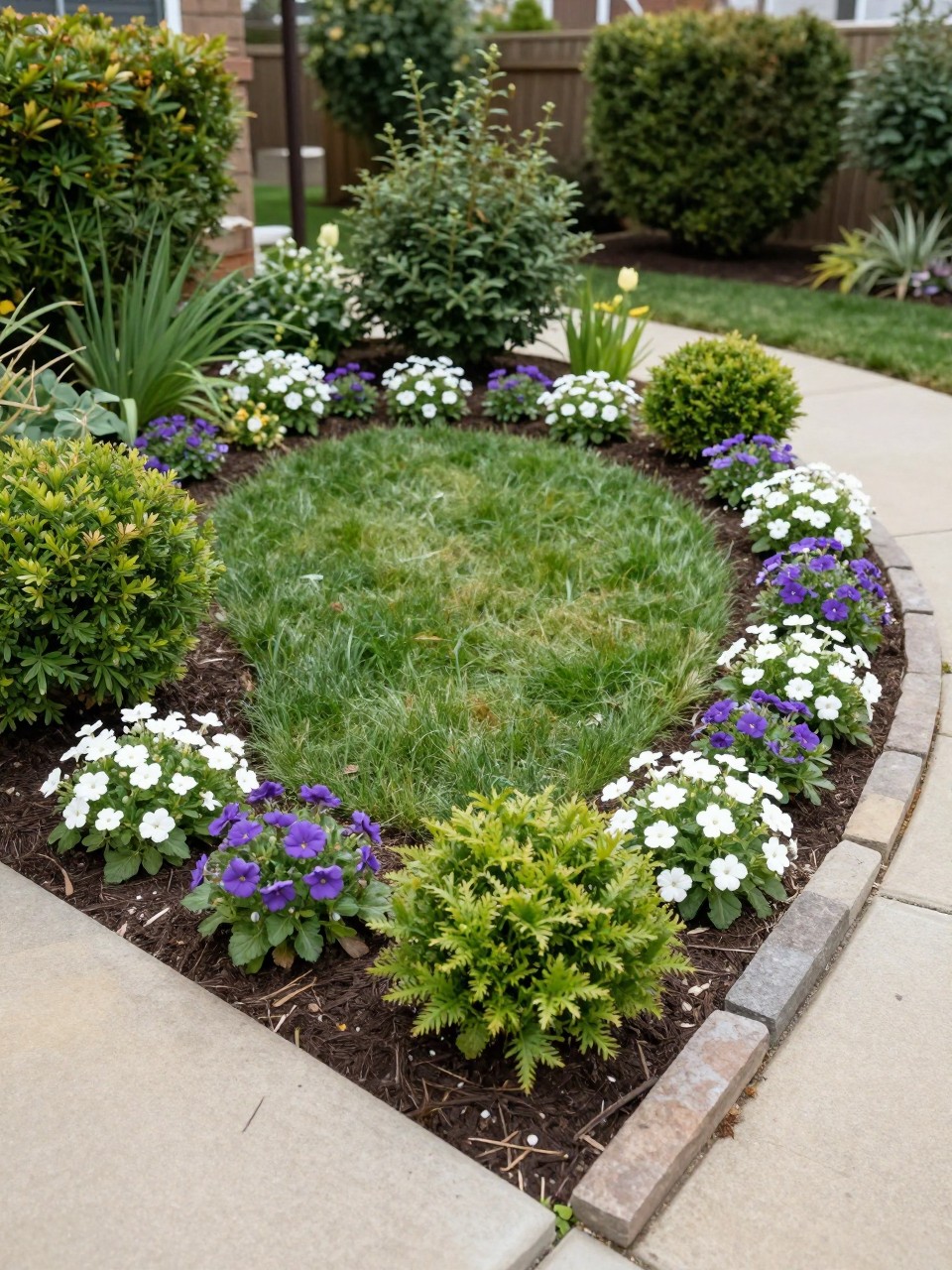 Image Prompt: A tiny front garden with a curved flower border, soft lawn patch, low shrubs, white and purple flowers, stone edging, welcoming front path, elegant compact landscaping, realistic DSLR photo quality, no people, no watermarks on images.