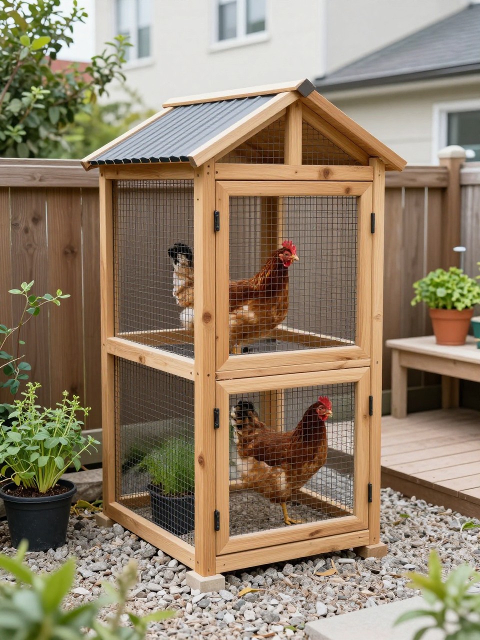 Image Prompt: A compact walk in chicken coop for a small urban backyard, tall but narrow wooden frame, black wire mesh, small enclosed coop house, clean gravel base, full-height door, two chickens inside, potted herbs, container vegetables, privacy fence, and a tiny patio nearby, smart city backyard homestead design, bright natural light, no people, no text, no watermark.