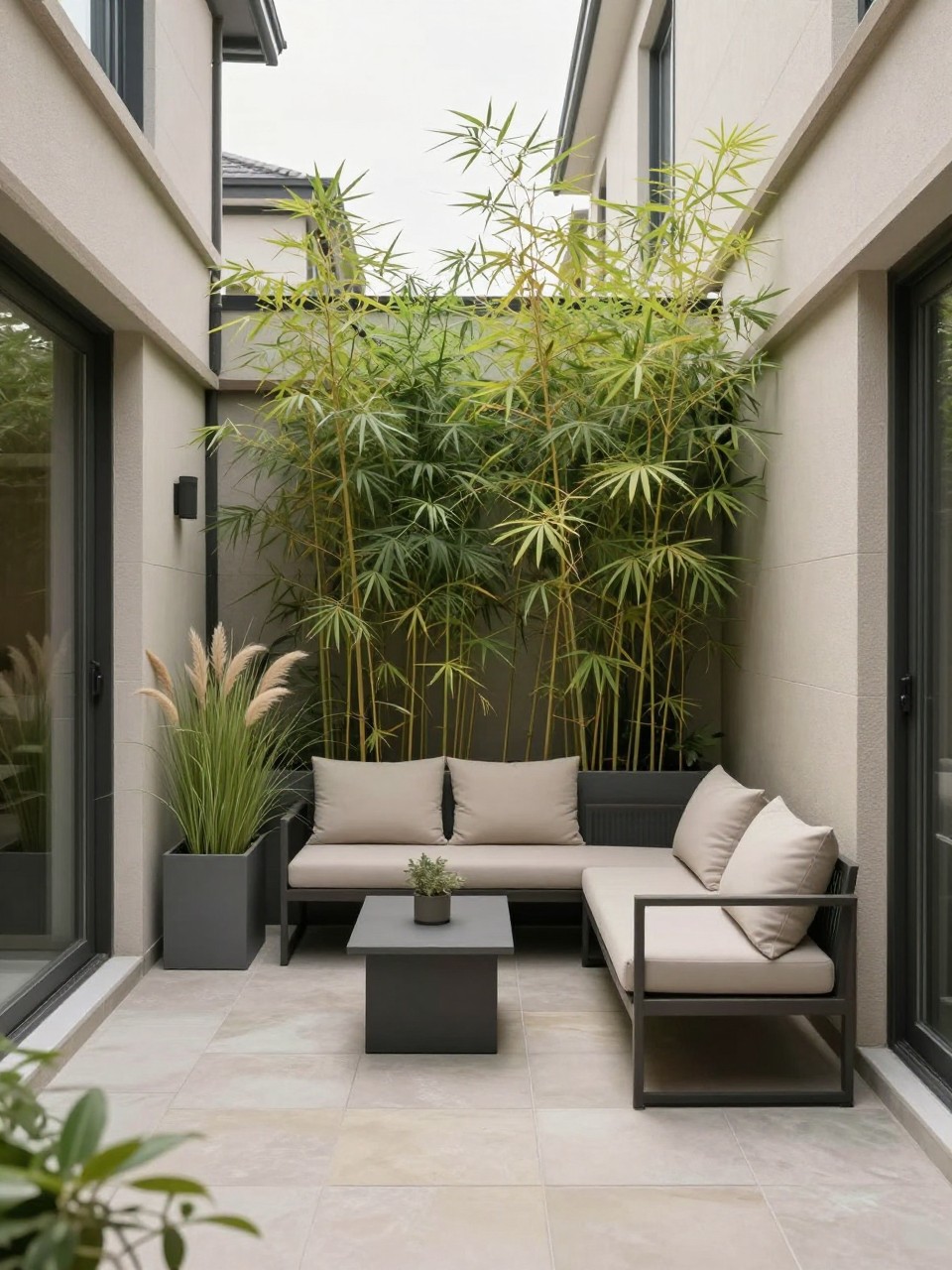 Image Prompt: A narrow townhouse patio with tall rectangular planters filled with bamboo and ornamental grasses, slim outdoor sofa with beige cushions, small side table, light stone floor, private calm backyard corner, soft afternoon light, no people, realistic DSLR image, no text, no watermarks on images.