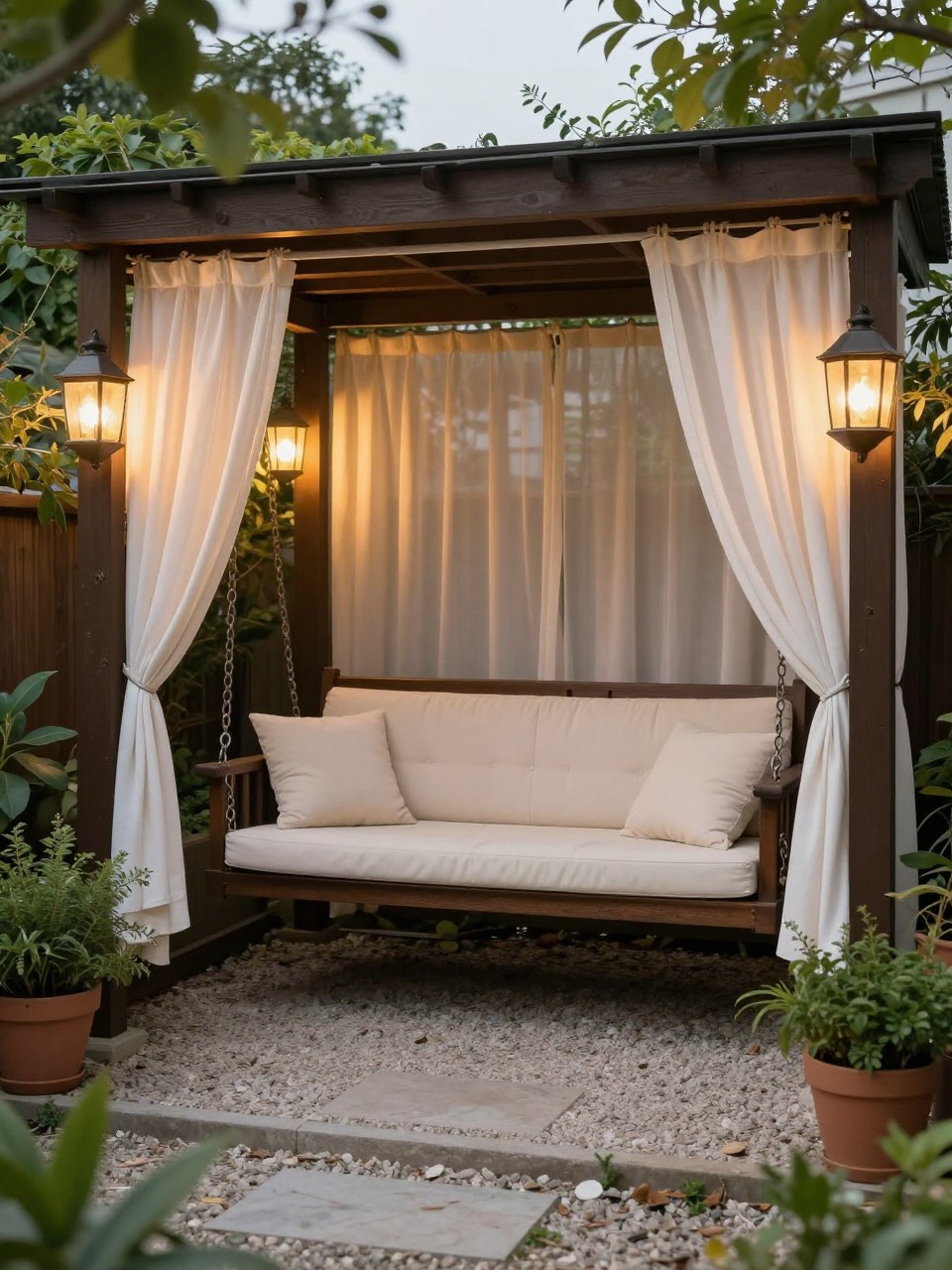 Image Prompt: A cozy backyard swing bench inside a small pergola with flowing outdoor curtains, cream cushions, warm lantern lighting, potted plants, soft gravel floor, private and romantic garden retreat, realistic DSLR photo quality, no people, no watermarks on images.