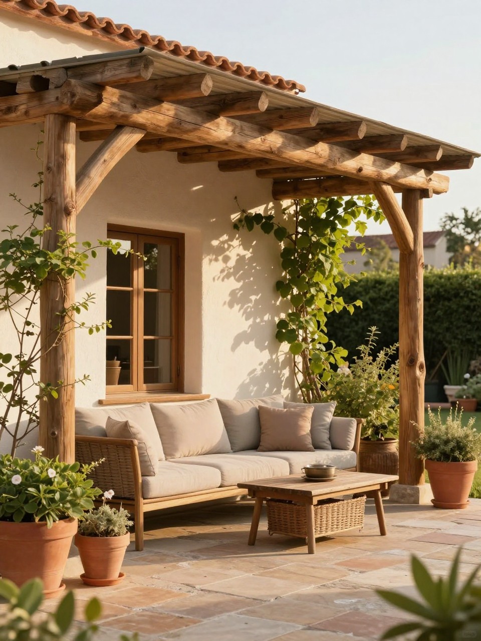 Image Prompt: A lovely pergola-style patio roof attached to the house, natural wood beams extending from the exterior wall, outdoor sofa with neutral cushions, climbing greenery along one side, terracotta pots, warm stone pavers, soft afternoon sunlight, cozy garden patio mood, no people, realistic DSLR photo, no text, no watermarks on images.